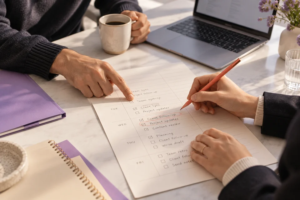 Two people review a repeated task together on a printed work log.